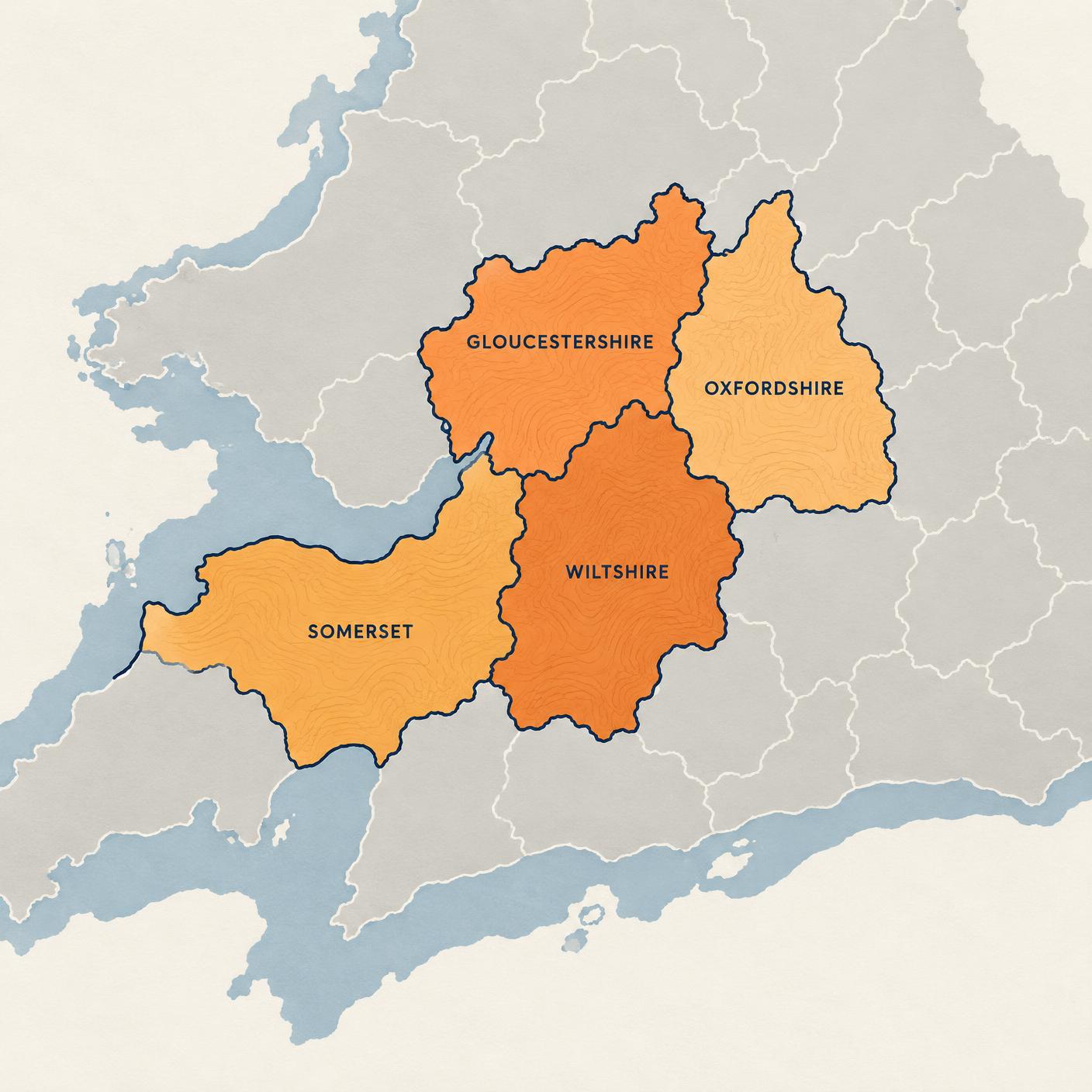 Map of areas covered: Somerset, Wiltshire, Oxfordshire and Gloucestershire